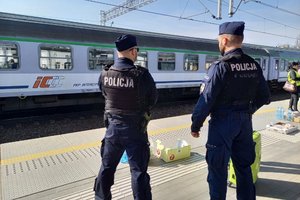 dwóch policjantów stoi na peronie kolejowym obok stojącego pociągu
