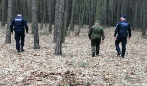 trzech funkcjonariuszy idzie w środku lasu, po prawej i lewej stronie dwóch umundurowanych policjantów, w środku idzie umundurowany strażnik leśny