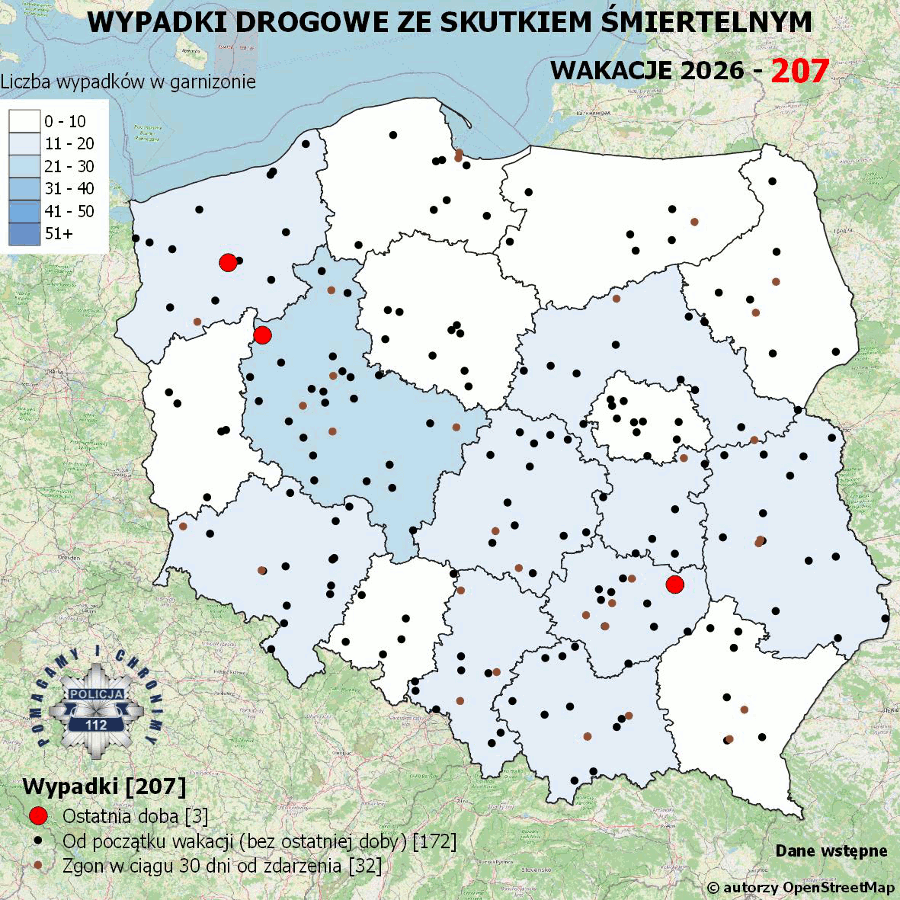 Mapa prezentująca liczbę wypadków poprzedniej doby w Polsce. Prezentowane dane są dostępne w tekście poniżej.