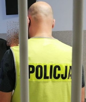 Policjant w żółtej kamizelce z napisem policja na plecach.