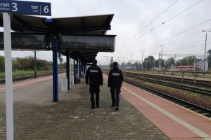 Policjant i policjantka umundurowani patrolują idąc pieszo ulicami, skwerami i peronami dworca kolejowego czy wszyscy przestrzegają obostrzeń.