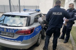 Umundurowani policjanci prowadzą do radiowozu zatrzymanego mężczyznę.