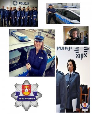 na plakacie policjantki w mundurach różnych pionów, na dole plakatu policyjna gwiazda z napisem Łódź Wschód