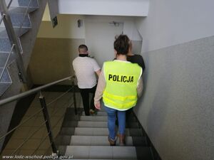 Policjanta w żółtej kamizelce z napisem policja schodzi po schodach w dół przed nią idzie dwóch mężczyzn.