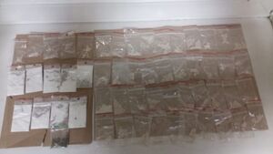 Małe torebki foliowe ułożone obok siebie w czterech rzędach, w ich środku jest biały proszek, kryształki i susz roślinny.