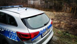 Tył zaparkowanego radiowozu pod domem drewnianym