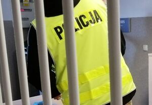 Policjant w żółtej kamizelce z napisem Policja stoi za okratowanymi drzwiami.