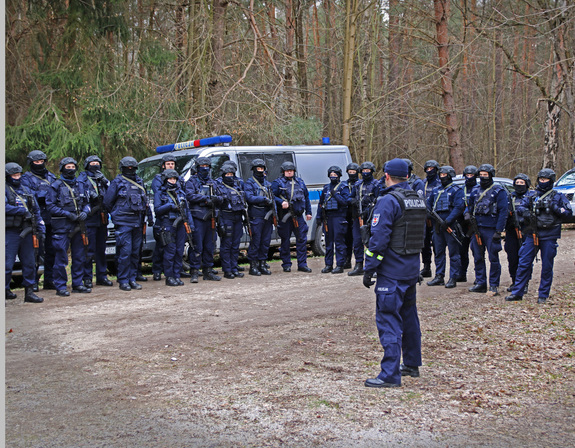 Policjanci w granatowych mundurach stoją na leśnym terenie