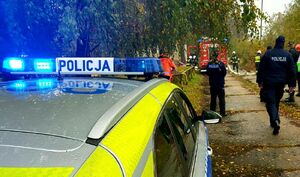 Radiowóz policyjny z migającymi niebieskimi światłami.