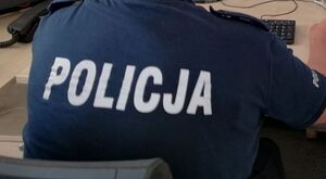 Policjant odwrócony tyłem z napisem Policja na plecach.