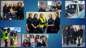 Zrzut kilku zdjęć na niebieskim tle, zdjęcia przedstawiają kobiety i policjantki w mundurach.