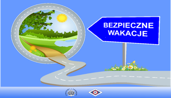 Plakat na na niebieskim tle droga prowadząca do zielonego krajobrazu z drogowskazem z napisem bezpieczne wakacje.