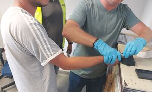 Policjant w niebieskich rękawiczkach pobiera odciski palców od zatrzymanego mężczyzny, między nimi stoi policjant w żółtej kamizelce.