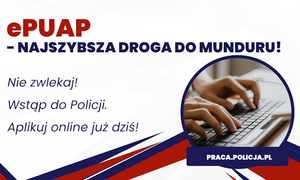 Dłonie piszące na klawiaturze, na górze napis e-puap najszybsza droga do munduru.