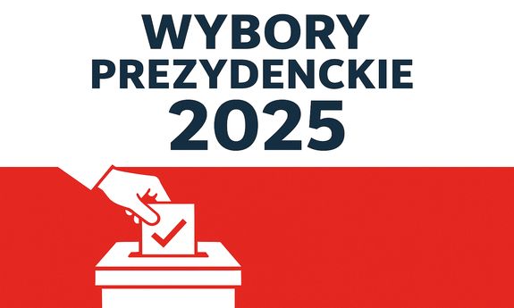 Flaga biało czerwona a na niej napis Wybory Prezydenckie 2025.