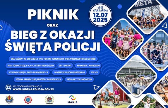 Plakat z napisem piknik i bieg z okazji Święta Policji.