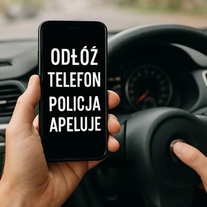 Osoba trzyma telefon w dłoni siedząc za kierownicą samochodu. Na ekranie napis odłóż telefon, policja apeluje.