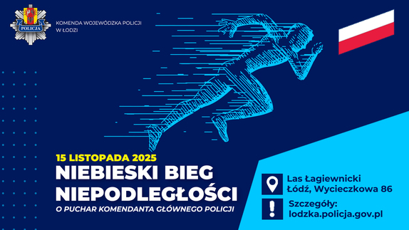 Sylwetka biegnącej osoby i napis na plakacie Niebieski Bieg Niepodległości.