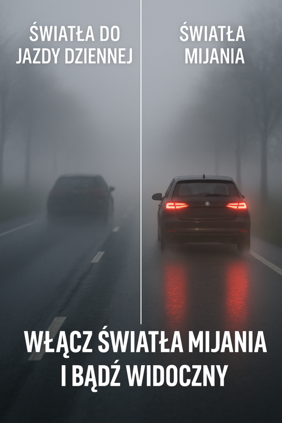 Na ilustracji dwa samochody, jeden z włączonymi światłami drugi bez włączonych świateł.