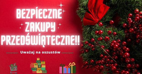 Plakat z napisem bezpieczne zakupy przedświąteczne.