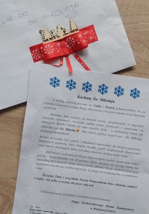 List do świętego Mikołaja, z prośbą o prezenty i wsparcie dla podopiecznych ze Środowiskowego Domu Samopomocy w Wiśniowej Górze.