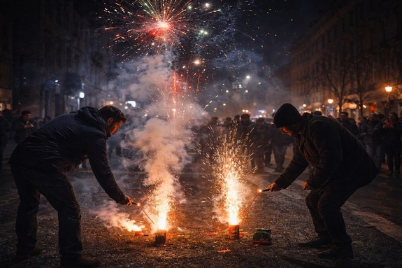 Dwóch mężczyzn stoi przy fajerwerkach i je odpalają.