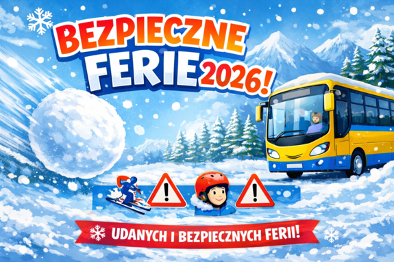 Ilustracja z napisem Bezpieczne Ferie 2026.