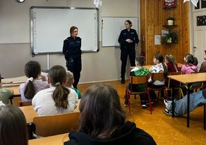 Policjantki i policjanci na spotkaniach z uczniami szkół podstawowych.