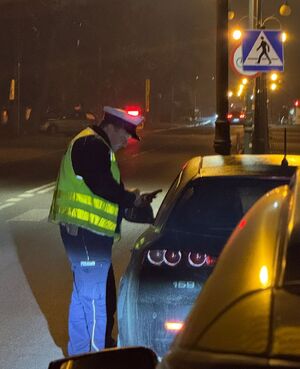 Policjant kontroluje kierującego samochodem.