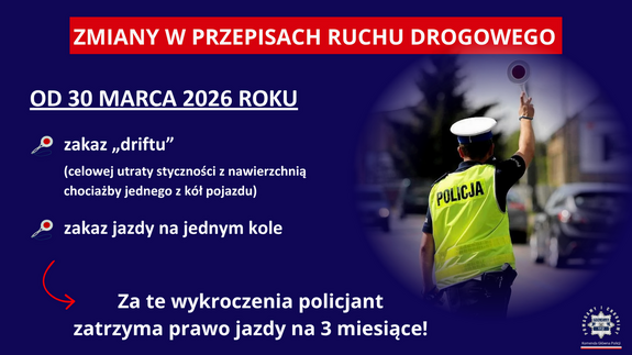 Plakat ze zdjęciem policjanta trzymającego rękę w górze i napisem na środku zmiany w przepisach ruchu drogowego.