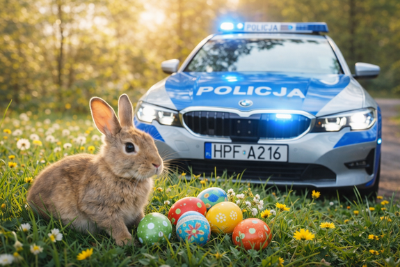 Radiowóz policyjny i wielkanocny zajączek.