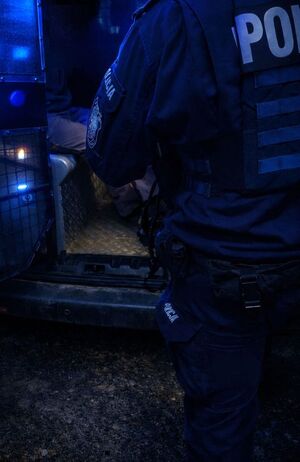 Policjant stoi przy radiowozie.