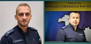 Dzielnicowi z terenu powiatu łódzkiego wschodniego oraz plakat promujący plebiscyt.
