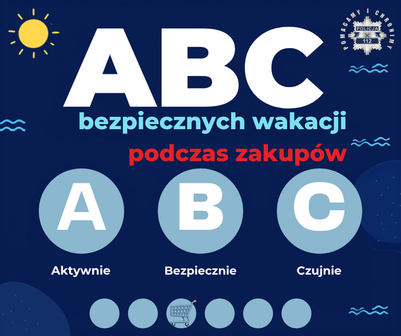 Plakat z napisem ABC bezpiecznych wakacji podczas zakupów.