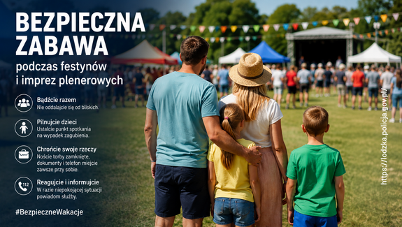 Plakat z napisem bezpieczna zabawa i zdjęcie rodziny.