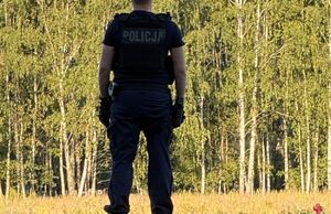 Policjant patrzy w stronę lasu.