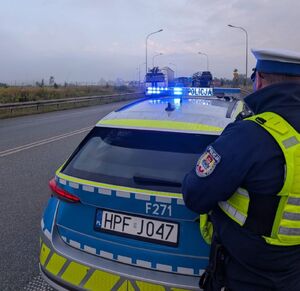 Policjant prowadzi kontrole trzeźwości na autostradzie.
