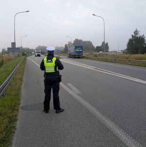 Policjant prowadzi kontrole trzeźwości na autostradzie.