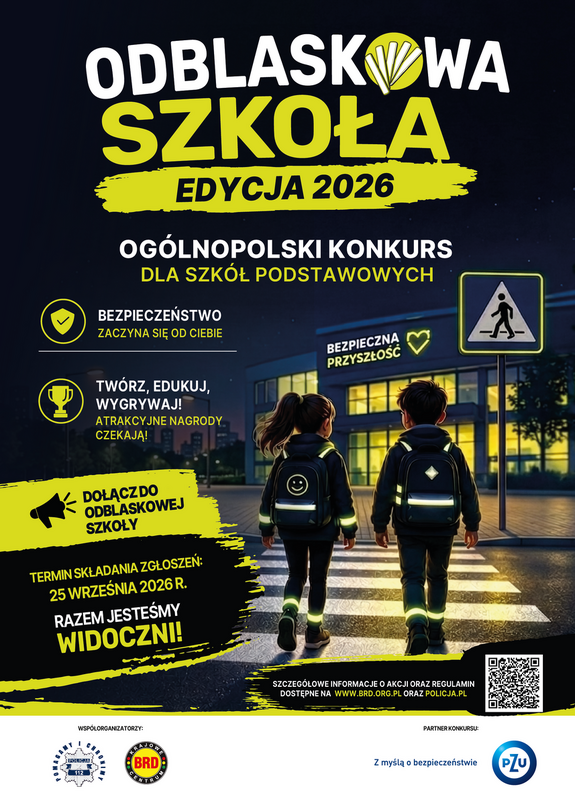 Zdjęcie dzieci wchodzących do szkoły z napisem odblaskowa szkoła.