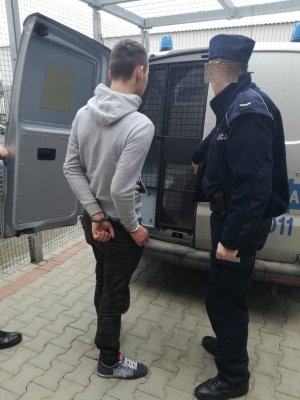 zatrzymany wprowadzany przez policjantów do radiowozu