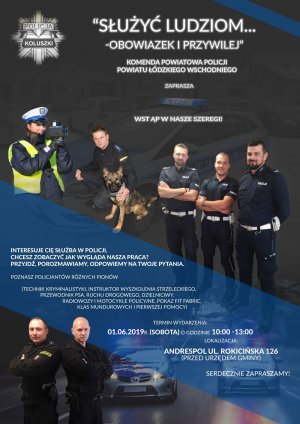 plakat promujący zawód policjanta i zaproszenie na spotkanie z policjantami
