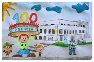 Obrazek wykonany przez dzieci ilustrujący pracę policjanta