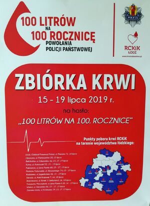 Plakat dotyczący zbiórki krwi na 100lecie Policji